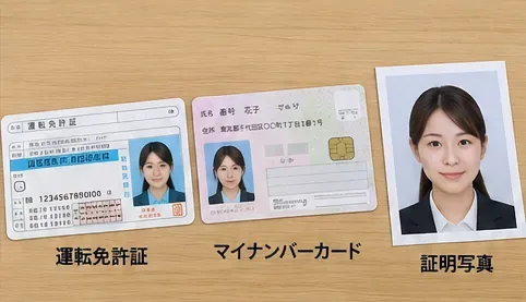 机の上にマイナンバーカード、運転免許証、証明写真が並んでいる場面