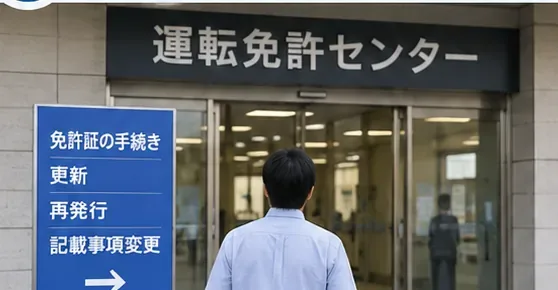 運転免許センターの入口へ向かう人の後ろ姿
