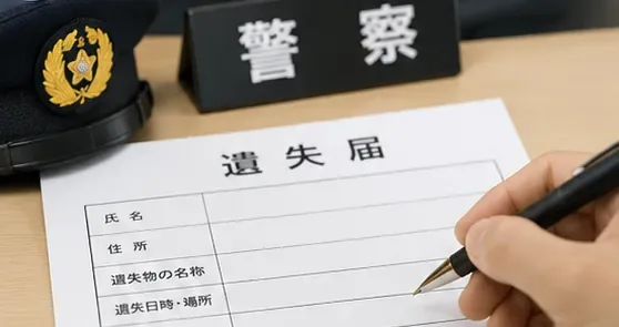警察署で遺失届の書類に記入している手元