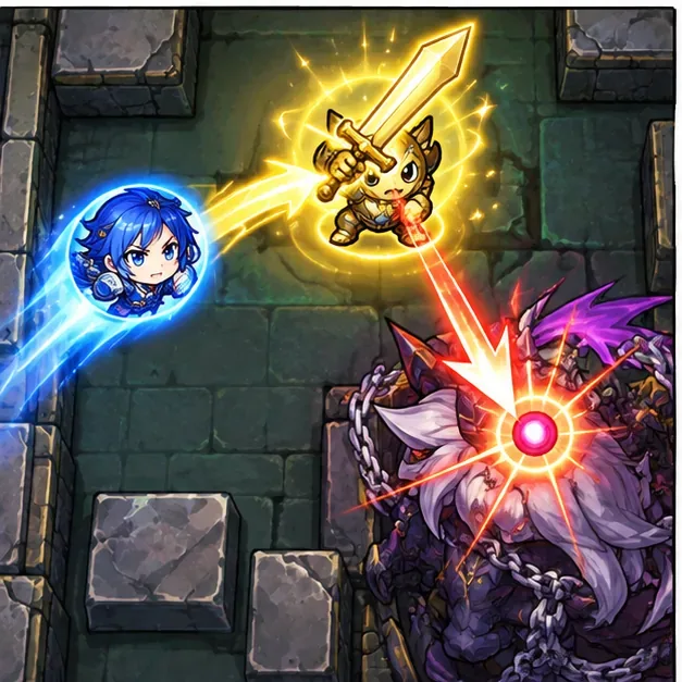 剣リンを経由した後に発光するボス弱点へ貫通キャラが突入するイメージ