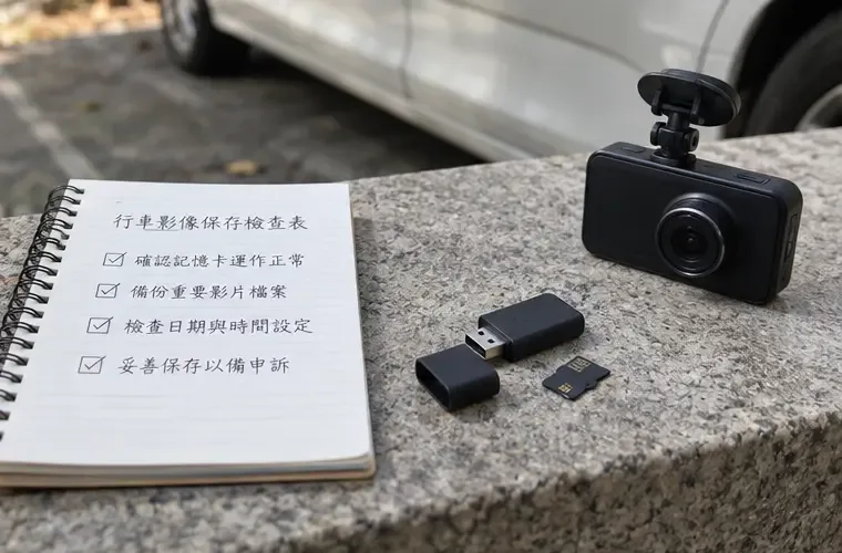 停車中的汽車旁放著行車記錄器、記憶卡、讀卡機與保存檢查清單