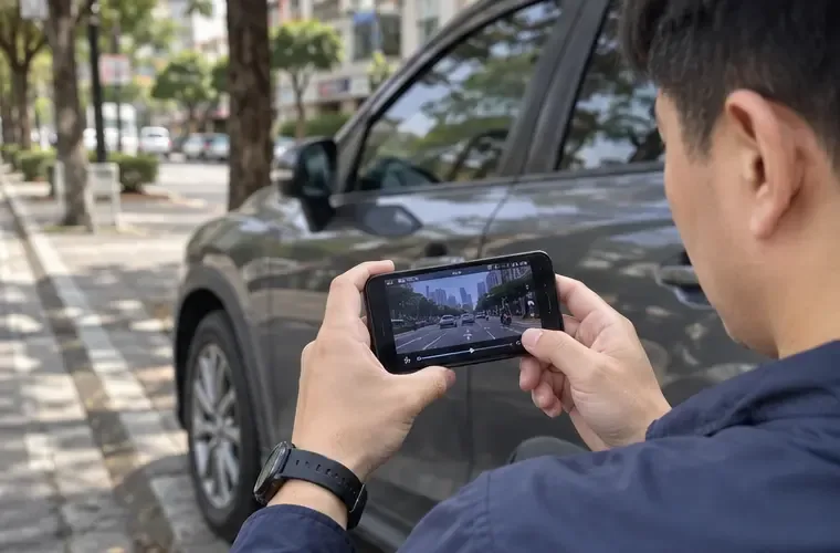 車輛停妥後，駕駛在車外用手機檢視行車記錄器影片，背景可見停車中的汽車