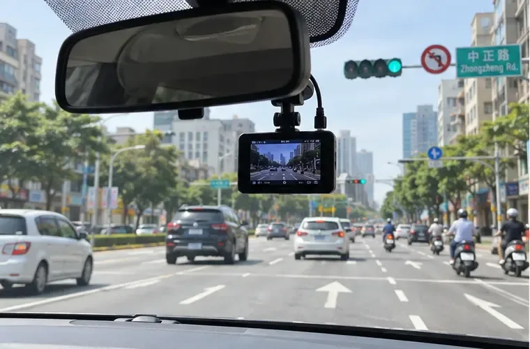 台灣市區道路車內後視鏡下方安裝行車記錄器，前方可見號誌、車道箭頭與機車車流