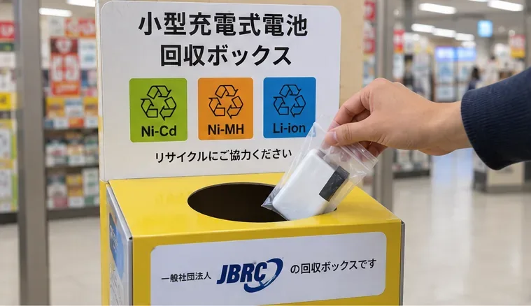 店内に置かれた小型充電式電池の回収ボックスへ、袋に入れた白いモバイルバッテリーを投入しようとしている様子