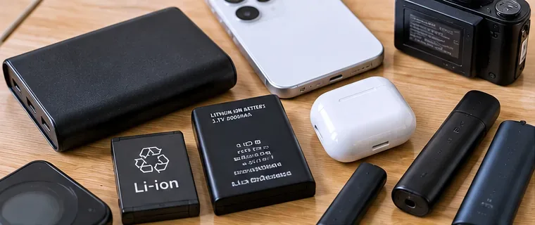 モバイルバッテリー、取り外し式のリチウムイオン電池、スマートフォン、イヤホンなどを机の上に並べた様子