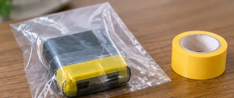 モバイルバッテリーのUSB端子周辺をテープで覆い、透明な袋に入れて持ち込み準備をしている様子