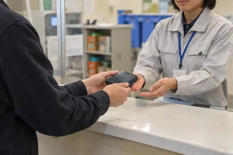 公共施設の窓口で、利用者が小型のモバイルバッテリーを職員へ手渡している様子