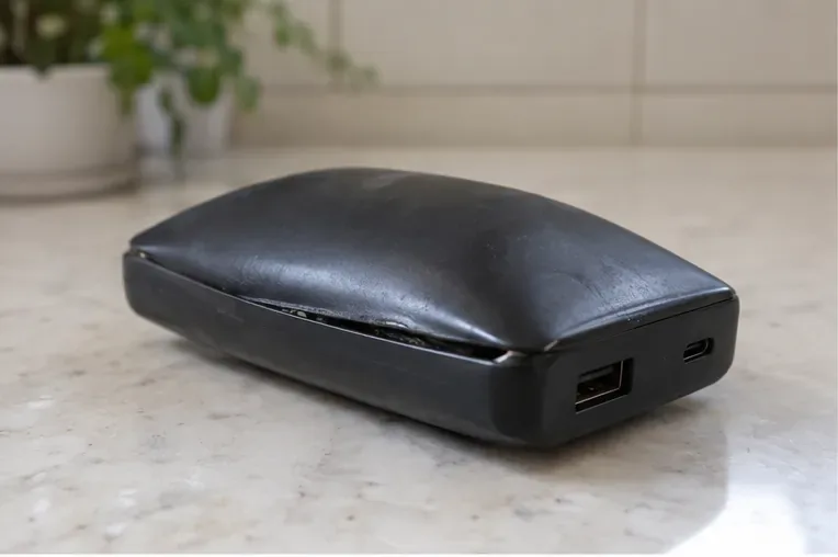 外装が大きく盛り上がり、ケースの継ぎ目が開いた黒いモバイルバッテリー
