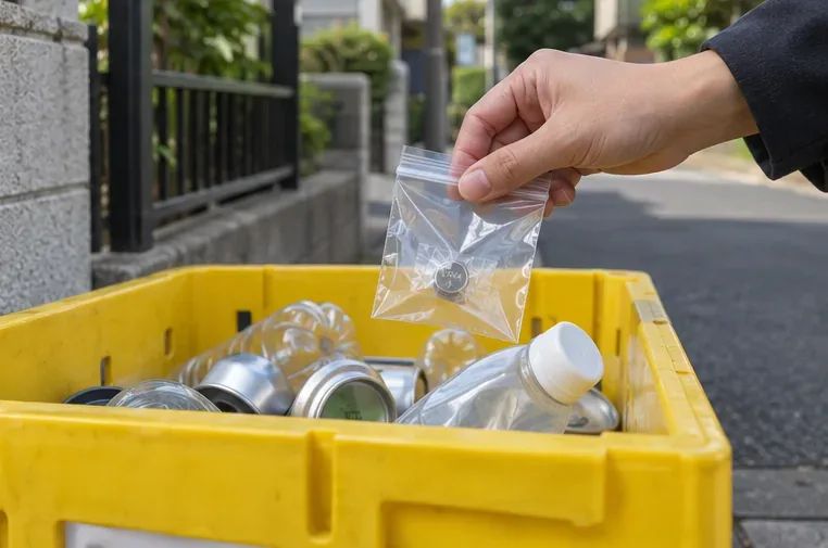 住宅地のごみ集積所で、透明袋に入れた絶縁済みボタン電池を、缶やペットボトルが入った黄色い回収容器へ入れようとしている手元