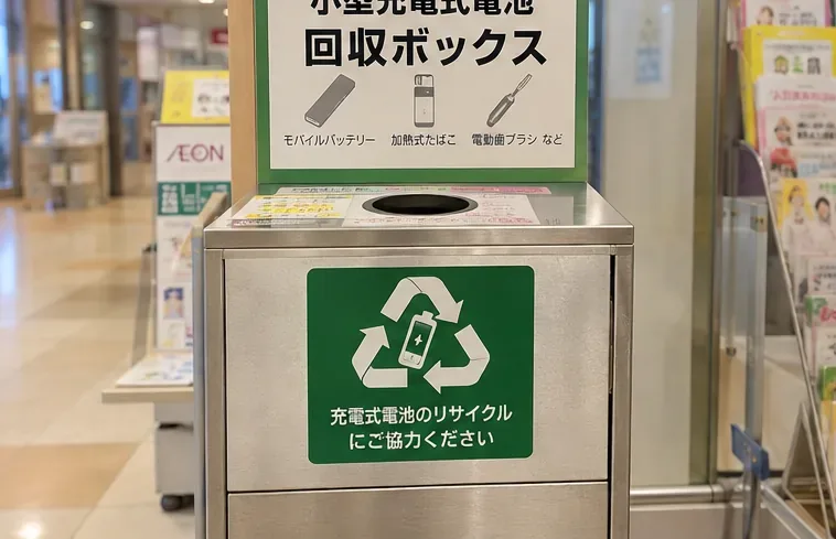小型充電式電池の回収ボックスを確認する場面