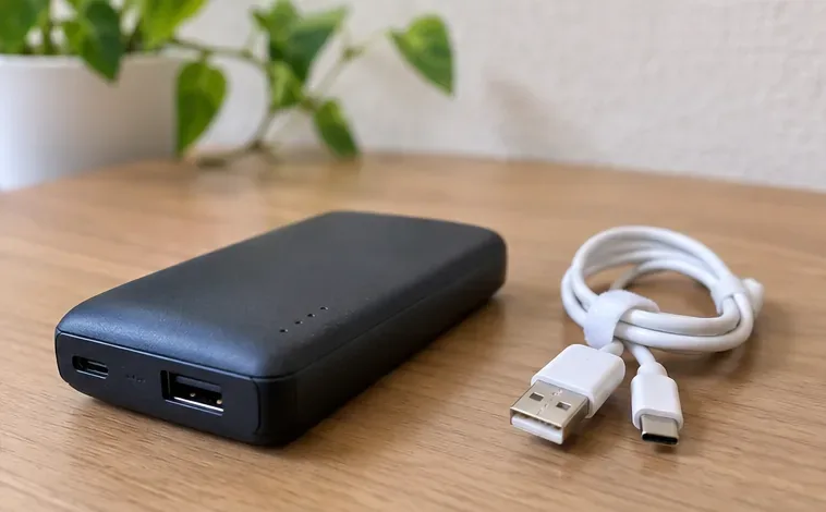 机の上に置かれた黒いモバイルバッテリーとUSBケーブル。処分前に本体の状態を確認する場面