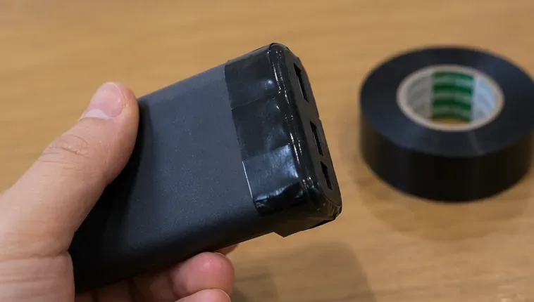 黒いモバイルバッテリーの端子側を黒い絶縁テープで覆っている手元