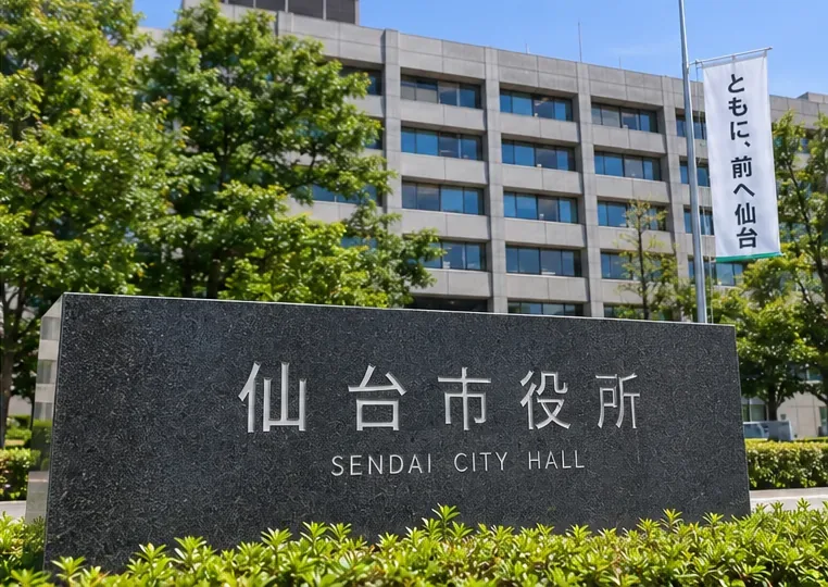 仙台市役所と書かれた石碑と庁舎を正面から見た風景
