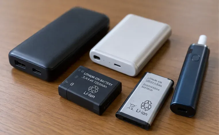 モバイルバッテリー、交換式バッテリーパック、充電式の小型機器などを机の上に並べた様子
