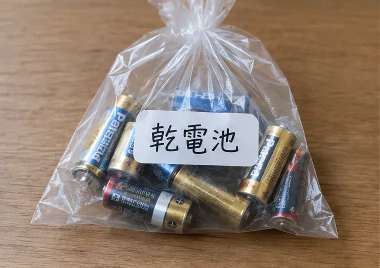 複数の使用済み乾電池を透明な袋にまとめた様子