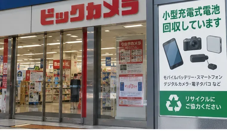 家電量販店の入口と小型充電式電池回収案内を示す参考場面
