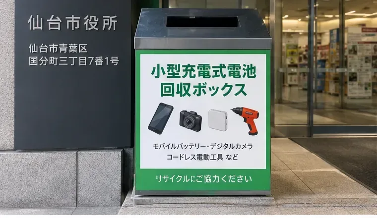 公共施設の入口付近に設置された小型充電式電池の回収ボックスを示す参考場面