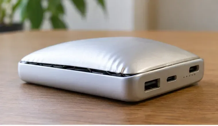 外装が大きく膨らみ、ケースの合わせ目が開いているモバイルバッテリー
