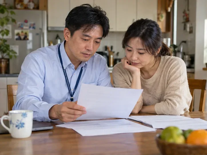 一對臺灣夫妻坐在餐桌前查看資料，其中一人穿著識別證