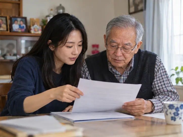 成年女兒陪同年長父親在家查看資料，桌上有文件