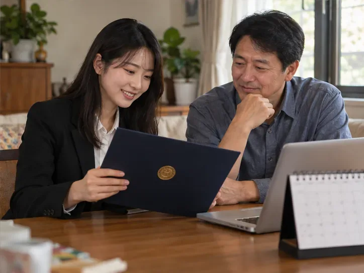 剛畢業的年輕女性與父親查看畢業證書資料和桌邊月曆