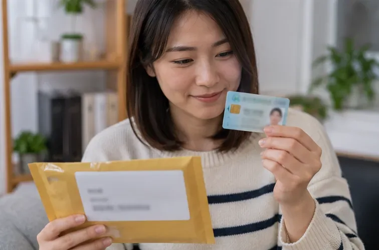女子收到掛號信封並檢查新健保卡，卡面個資保持模糊
