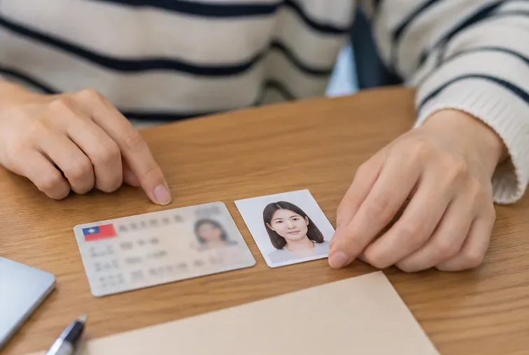 桌面上放著身分證明文件與一張符合大頭照形式的證件照片