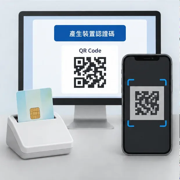 桌上型電腦顯示產生裝置認證碼與QR Code，旁邊有讀卡機、健保卡和掃描畫面的手機。