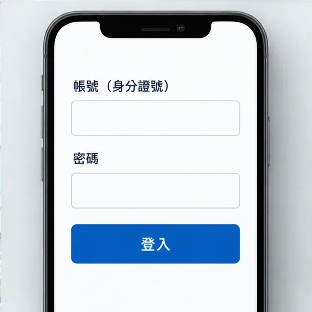 手機登入畫面有帳號（身分證號）、密碼欄位與登入按鈕，欄位保持空白。