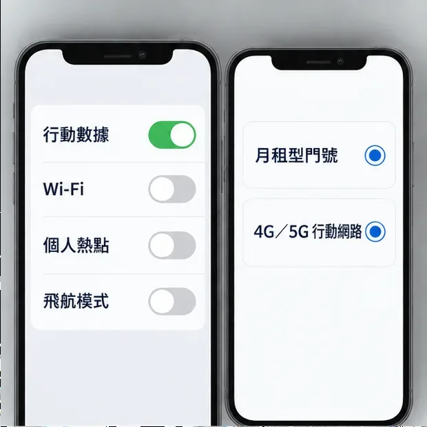 兩支手機分別顯示行動數據開啟、Wi-Fi、個人熱點與飛航模式關閉，以及月租型門號和4G／5G行動網路條件。