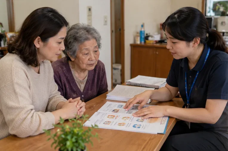 個案管理人員與家屬及長者坐在桌邊討論照顧方案，桌上攤開服務資料。