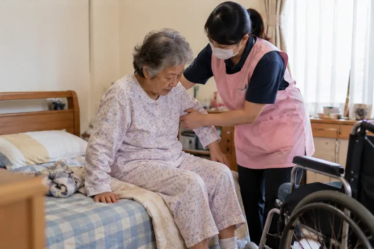 照顧服務員在臥室協助長者從床邊起身，旁邊放著輪椅，呈現居家照顧服務開始後的情境。