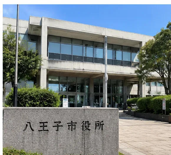 八王子市役所と表示された建物の入口付近