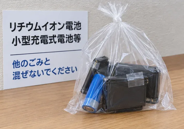端子をテープで絶縁した複数の小型充電式電池を透明な袋に分けて入れている様子