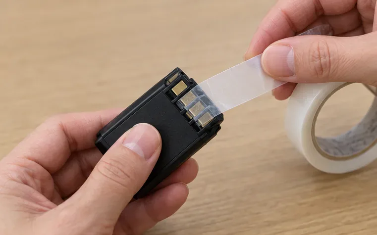 黒い充電式バッテリーパックの金属端子を透明な絶縁テープで覆っている手元