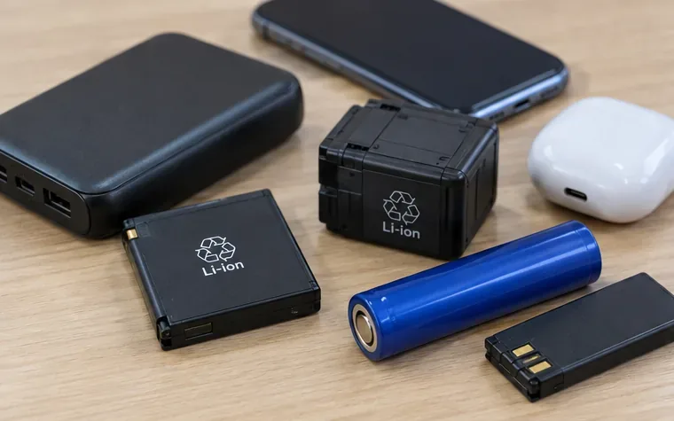 モバイルバッテリーや交換式バッテリーパックなど、リチウムイオン電池を含む機器と電池を机の上で確認している様子