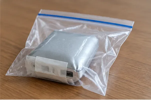 膨らんだモバイルバッテリーの端子部分をテープで覆い透明な袋に入れた状態
