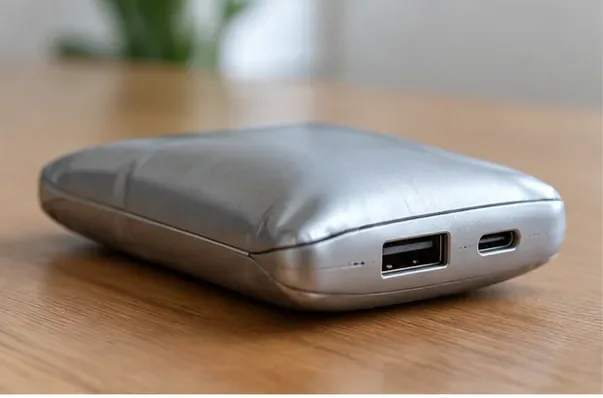 机の上で中央部分が盛り上がるように膨張した銀色のモバイルバッテリー