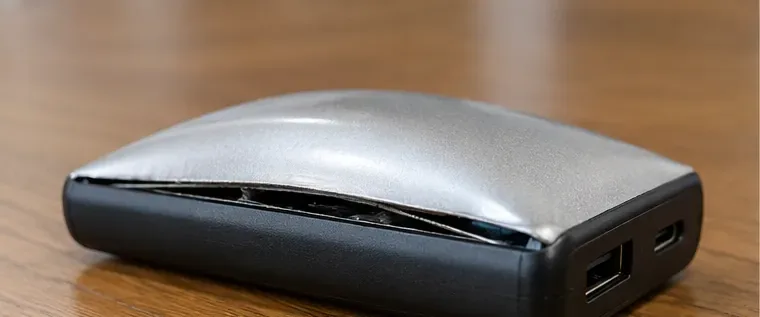 外装が大きく膨らみケースの合わせ目が開いたモバイルバッテリー