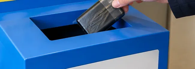 絶縁した黒いモバイルバッテリーを、回収容器の投入口へ静かに入れようとしている手元のクローズアップ