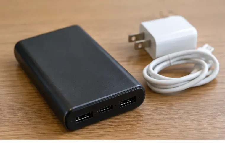木製の机の上に黒いモバイルバッテリー、充電ケーブル、ACアダプターが置かれ、処分前に本体の状態を確認できる様子