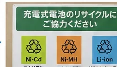 ニカド、ニッケル水素、リチウムイオンのリサイクルマークを並べた案内表示