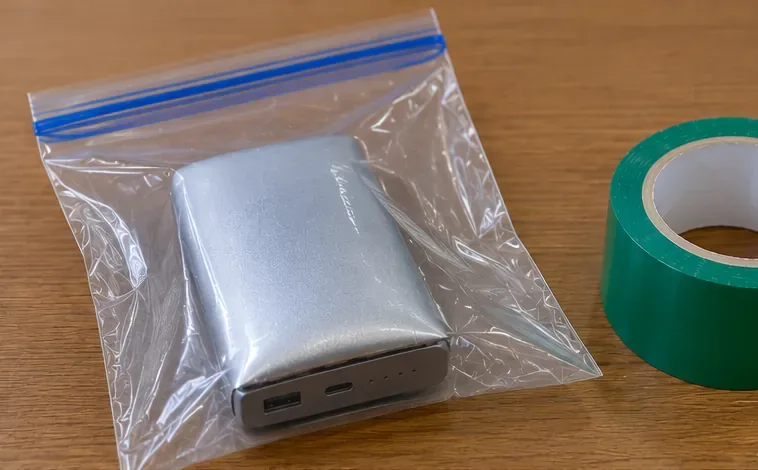 膨らんだモバイルバッテリーを周囲の物から分け、そばに絶縁用テープを置いた状態