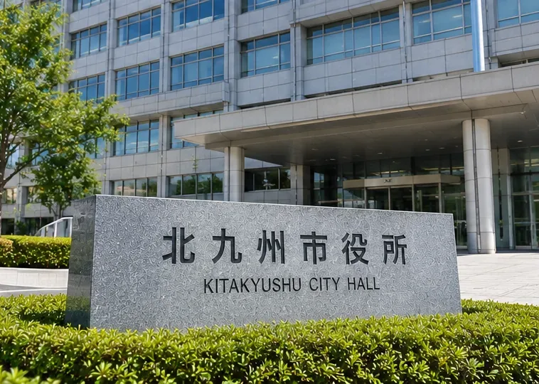 北九州市役所と表示された石碑と行政庁舎の外観
