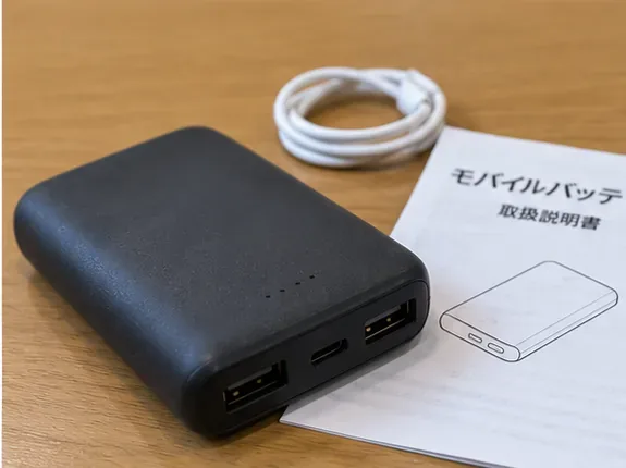 木製テーブルの上に置かれた黒いモバイルバッテリーとUSBケーブル、取扱説明書