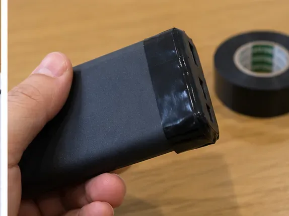 USB端子周辺を黒いビニールテープで覆ったモバイルバッテリー