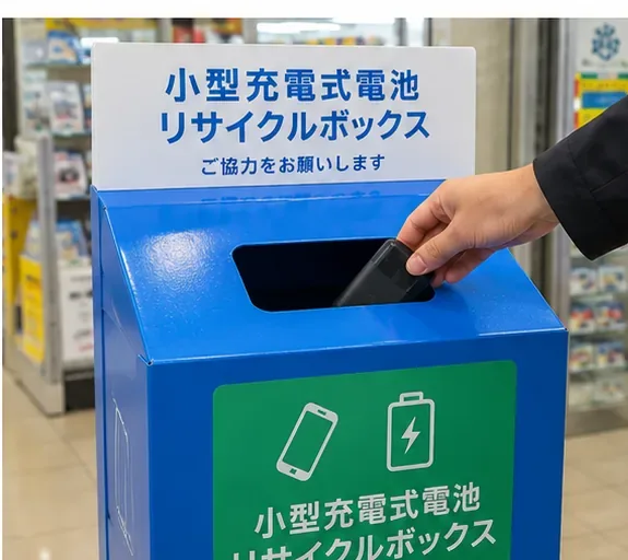 小型充電式電池リサイクルボックスにモバイルバッテリーを入れる手元