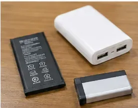 机の上にスマートフォン用バッテリー、モバイルバッテリー、小型の充電式電池を並べた様子