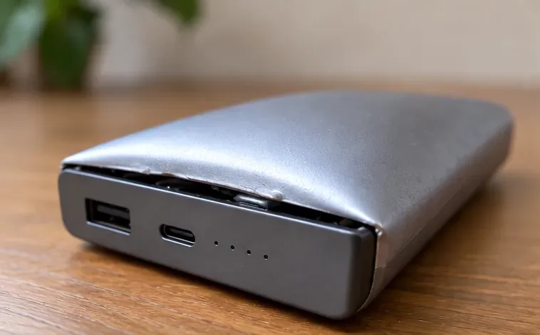 ケース中央が大きく持ち上がり、継ぎ目が開いている銀色のモバイルバッテリー