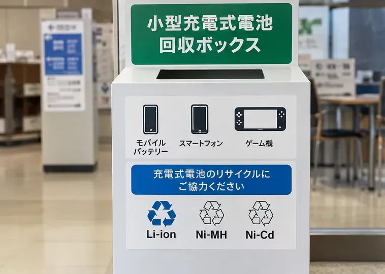公共施設内に置かれた小型充電式電池回収ボックスの例
